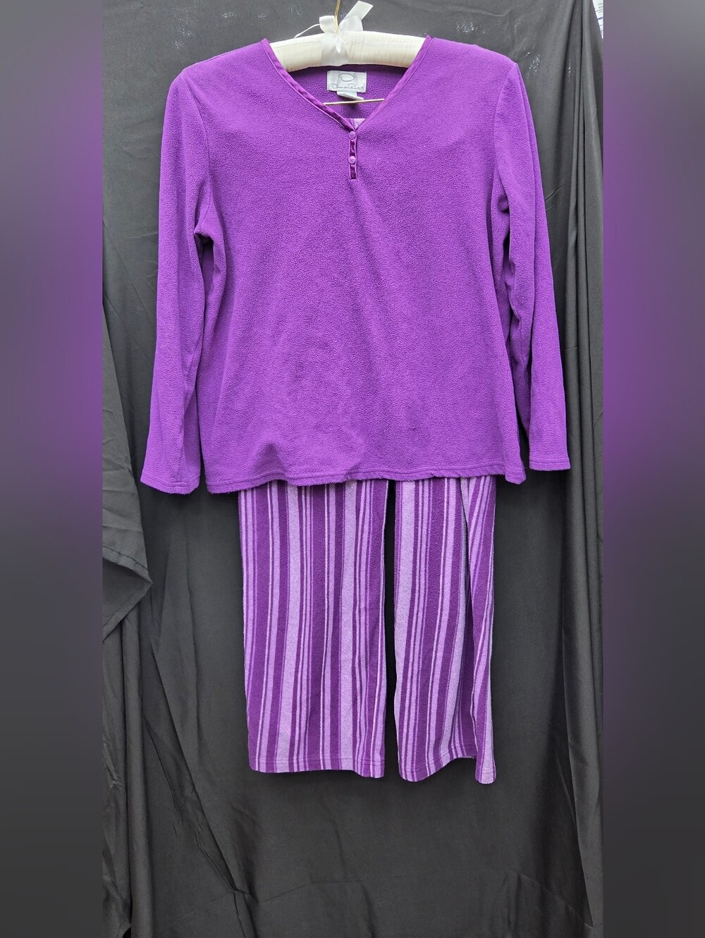 Oscar de la Renta Purple Fleece Pajama Set Striped Pants M